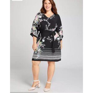 Lane Bryant Womens Floral Kimono Dress‎ In Navy Blue With V-Neck Sz 14/16